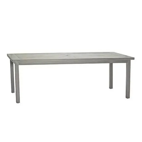 Rectangular outdoor dining table with classic aluminum slatted top and straight square legs in a light gray finish
