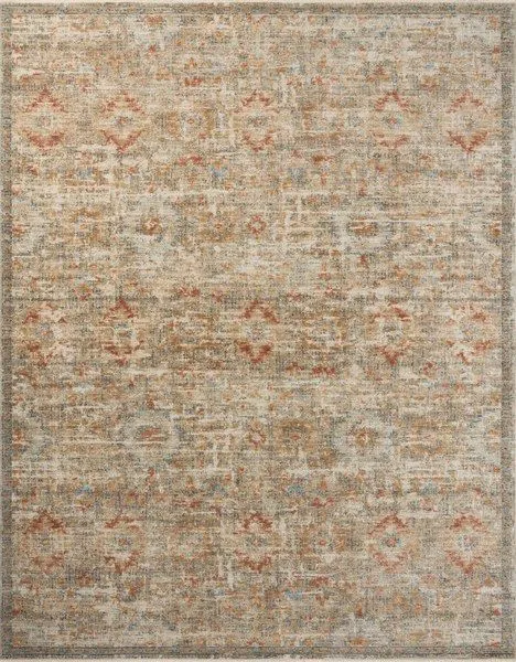 Traditional Heritage Grey Sunset Rug with vintage motifs in muted grey, orange, and beige tones with variable-pile texture