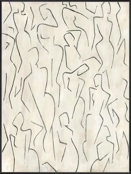 Abstract painting with fluid black lines forming stylized human figures on a light beige background