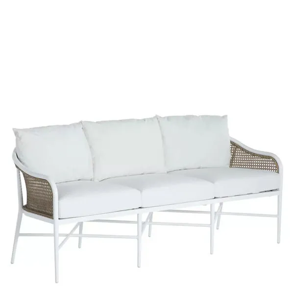 Havana Euro outdoor sofa with white cushions, natural cane sides, and white metal frame