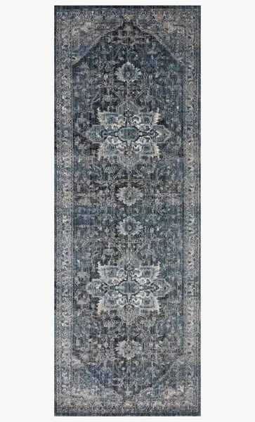 Full view of narrow runner rug showing elongated pattern in shades of grey, blue, and beige