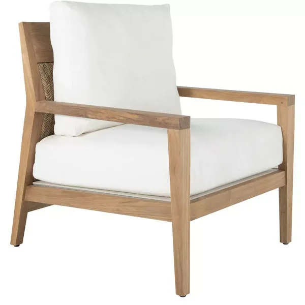 Savannah Natural Teak Lounge chair with white cushions and natural teak frame featuring woven back detail