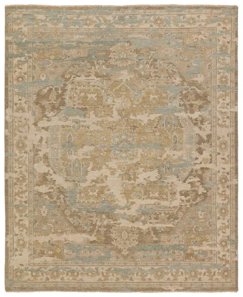 Hand-knotted square rug with distressed medallion and Old World pattern in khaki, slate, beige, cream, taupe tones