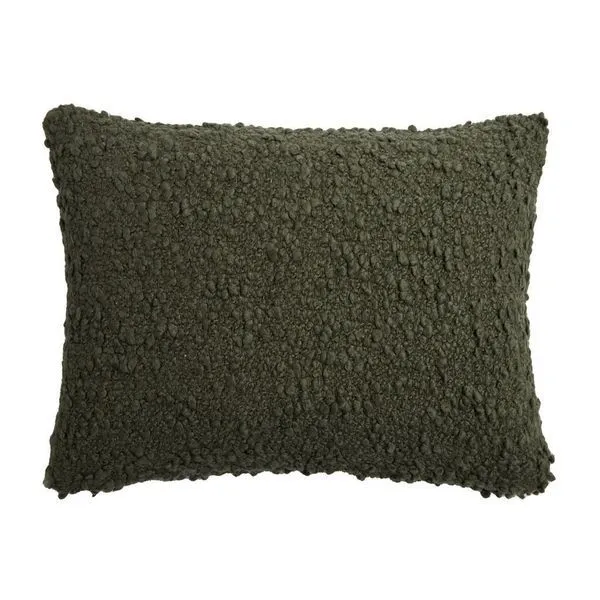 Rectangular Murphy Pillow in dark olive with plush bouclé texture featuring curly knots and loops