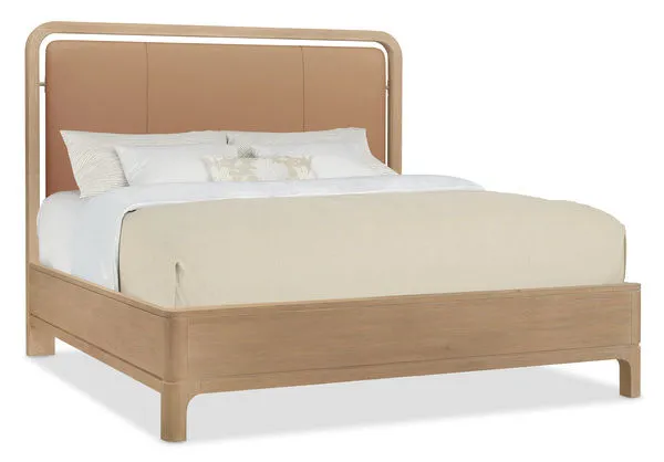 Banyon Bay California King panel bed with Toast leather headboard, white oak solids, and Desert Oak wood finish