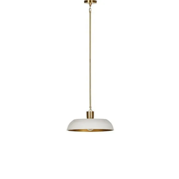 Walton Pendant with wide white textured aluminum shade and gold leaf interior casting warm glow