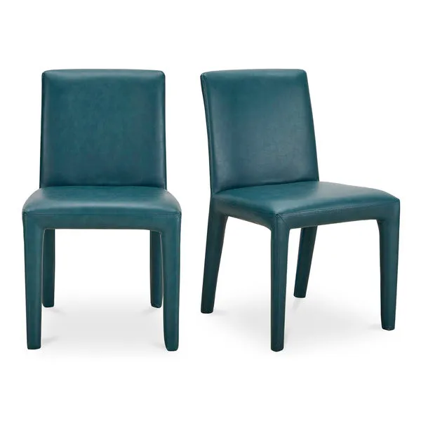 Set of 2 Monte Dining Chairs with teal vegan leather upholstery and squared frame with rounded corners