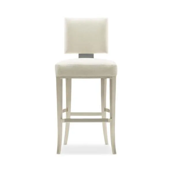 Chic bar stool with soft neutral upholstery, floating square back with Lightly Brushed Chrome support, framed in Soft Silv...