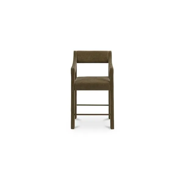 Elise Counter Stool in cedar-green polyester with sloped arms and single continuous iron frame, front view