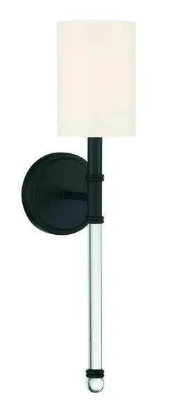 Slim black wall sconce with white cylindrical fabric shade and clear glass arm with double ring detailing