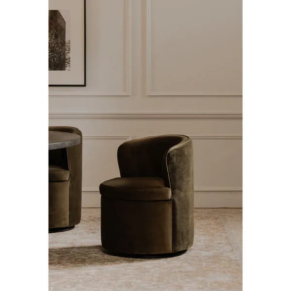 Green mohair Dane swivel dining chair with rounded back and cushion on swivel base