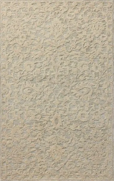 Prudence Sage/Ivory hand-tufted area rug with subtle floral pattern, low-loop background, chunky higher loops for depth