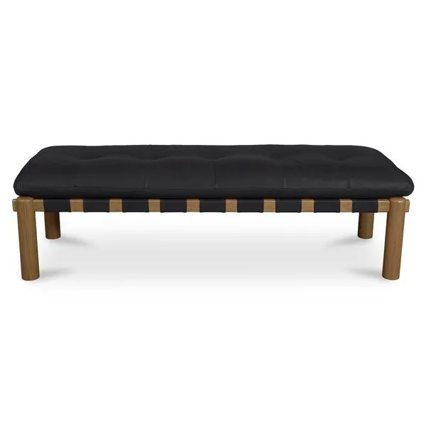 Costello Bench with solid oak rounded legs and black tufted leather seat wrapped in strap detailing