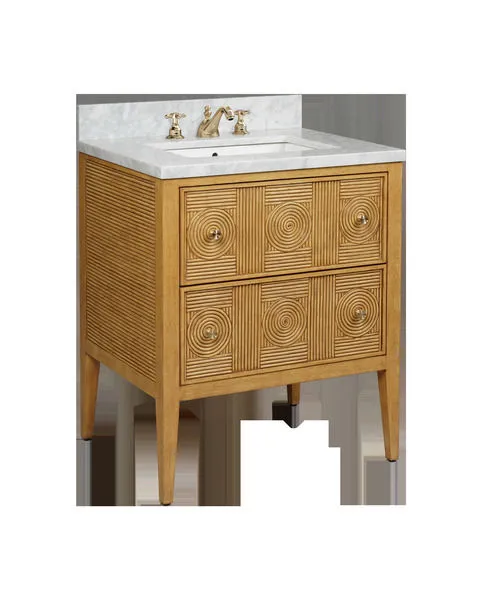 Santos 28-inch mahogany bathroom vanity with split rattan pattern drawers and sides in Sea Sand finish and rectangular und...