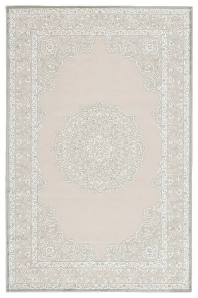 Gray and white modern area rug with a global-inspired medallion center and scrolling border, soft high-low texture