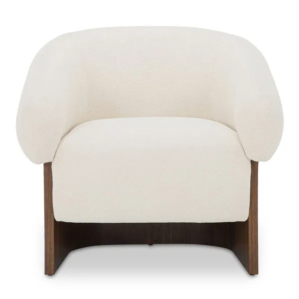 Otto accent chair with plush curved flecked cream bouclé upholstery and walnut veneer solid wood base