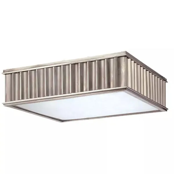 Middlebury 2 Light Flush Mount ceiling fixture with a rectangular shape and vertical metal ribbed sides in a silver finish
