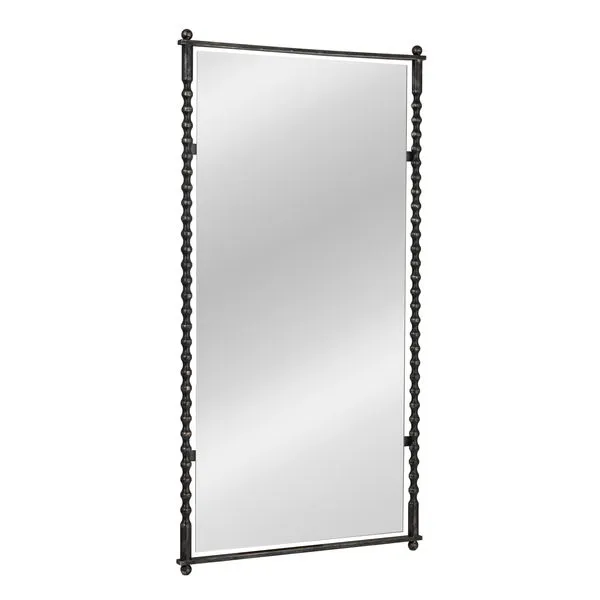 Rectangular Vintage Elegance Mirror with antique dark metal frame featuring intricate, turned details and ball finials