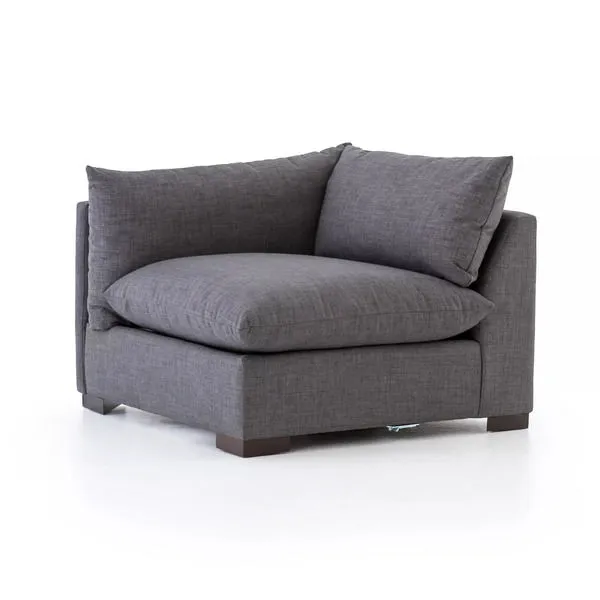 Charcoal Westwood sectional left arm facing piece with low deep cushions and knife edge upholstery in polyester