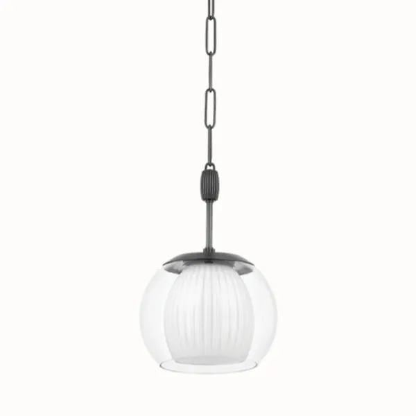 Pendant light against white background showing uniform clear glass exterior and aged brass hardware