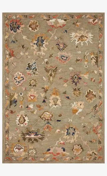 Padma Grey Multi Rug with natural thick wool pile featuring bold, asymmetrical floral and abstract designs on grey ground