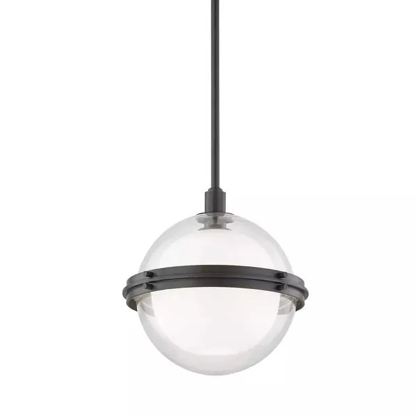 Northport 1 Light Pendant with clear glass globe and old bronze metal band and rod, coastal style