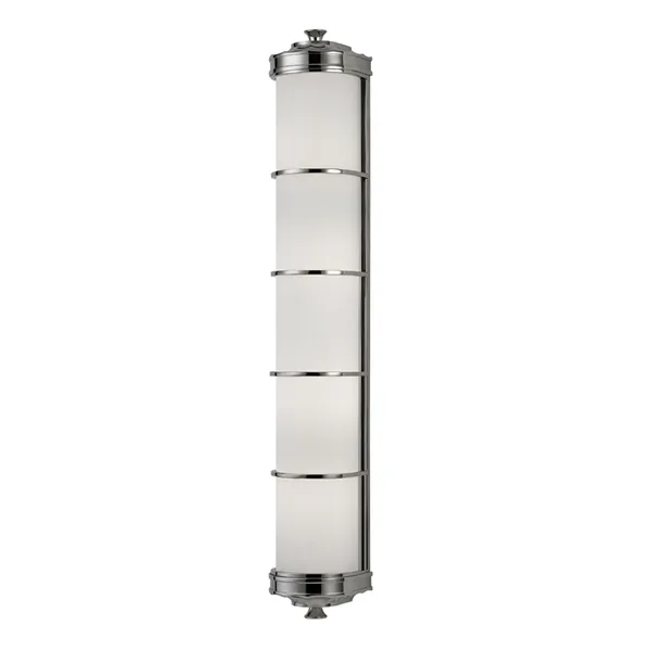 Albany 4 Light Wall Sconce with elongated frosted glass covered by polished metal bands and gothic-inspired metal accents