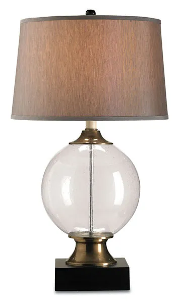 Motif Table Lamp with seeded blown glass globe, brass accents, black square base, and silver shantung drum shade