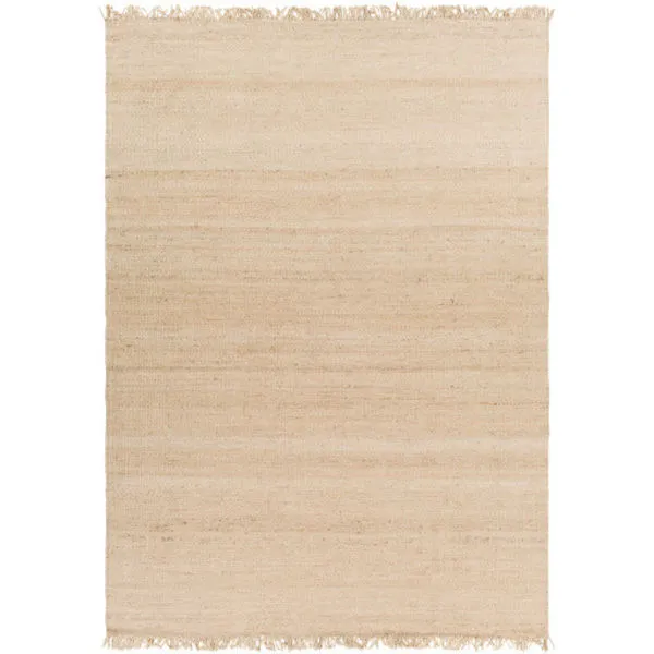 Rectangular cream jute rug with denser, paler weave and fringed edges