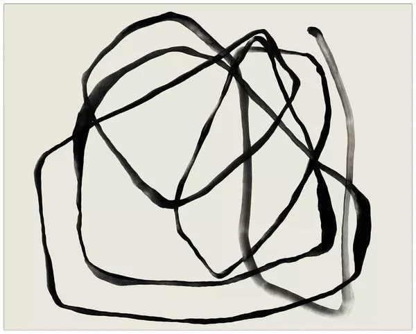 Full view of Black Circles IV painting showing bold, overlapping black brushstroke circles on off-white background