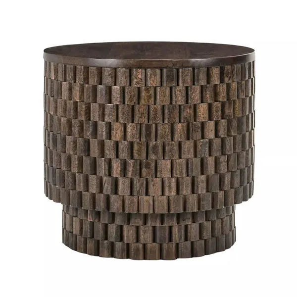 Norwood Round End Table with textured block pattern in rich brown mango wood finish