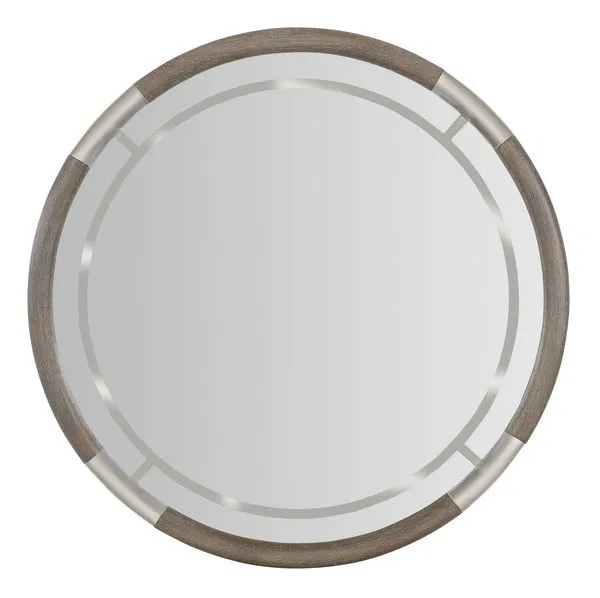 Modern Mood Round Mirror with quartered oak veneers in mink finish and warm pewter metal accents in a compass-like round f...