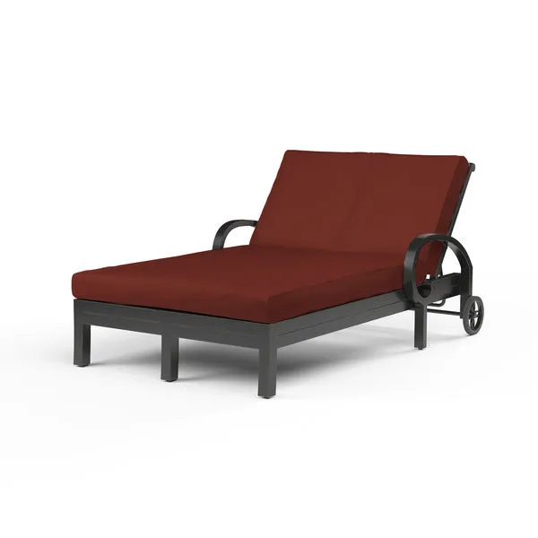Monterey Double Chaise with curled arms, cross back detail, Espresso aluminum frame, and deep rust cushions for two