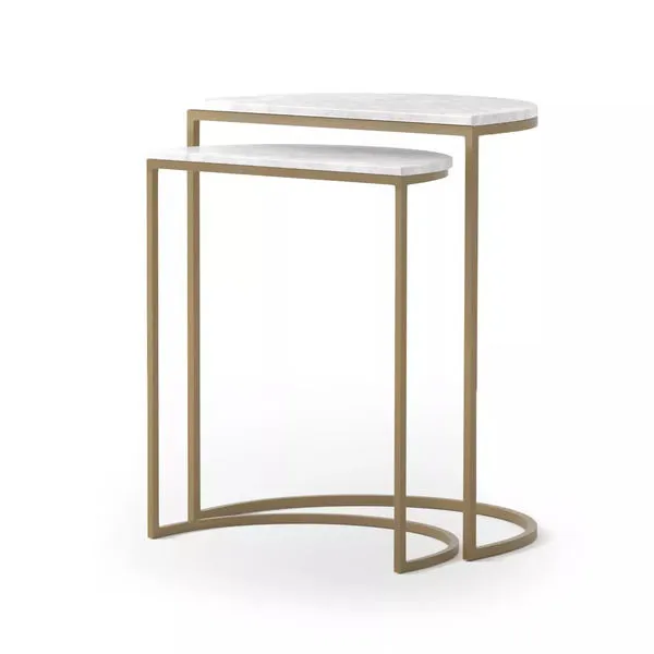 Two nesting side tables with semicircular white marble tops and slim brass-finished iron legs