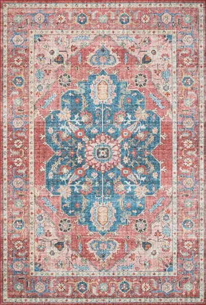 Skye Brick / Ocean Rug with classic old-world design in blue and brick red tones with floral motifs