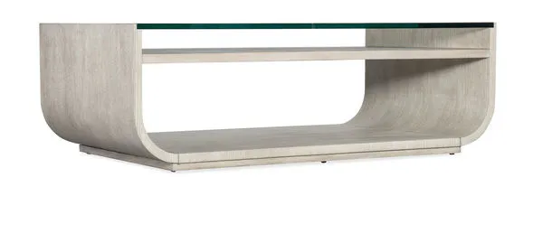 Modern Mood Rectangle Cocktail Table with rounded sides, oak veneer in light Diamond finish, glass top, raffia-wrapped shelf