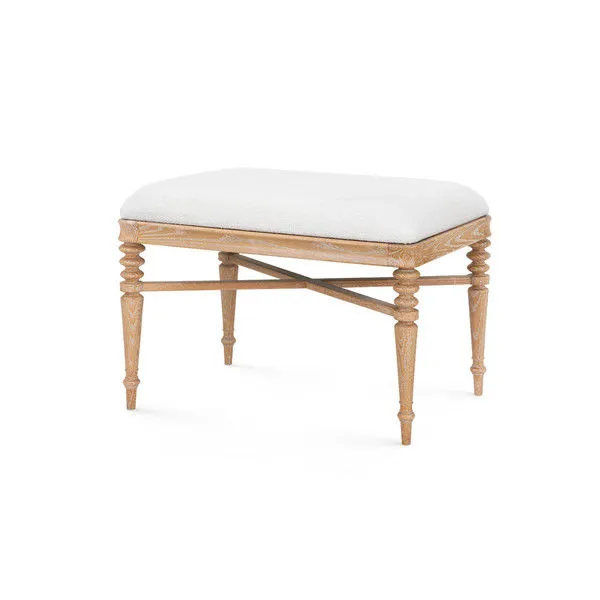 Lawrence Stool with Almond cerused oak carved legs and plush Frosted Alabaster fabric cushion