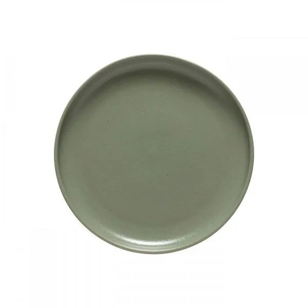 Matte finish Pacifica dinner plate in artichoke green with slight rim and smooth texture