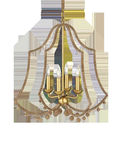 Nimes Chandelier with double-bell shaped rope frame and dangling ornamental balls, four gold candle-style lights