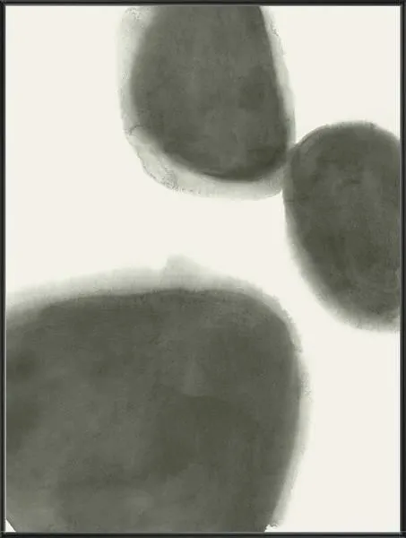 Abstract painting with three large, soft-edged moss-green pebble shapes on a light background