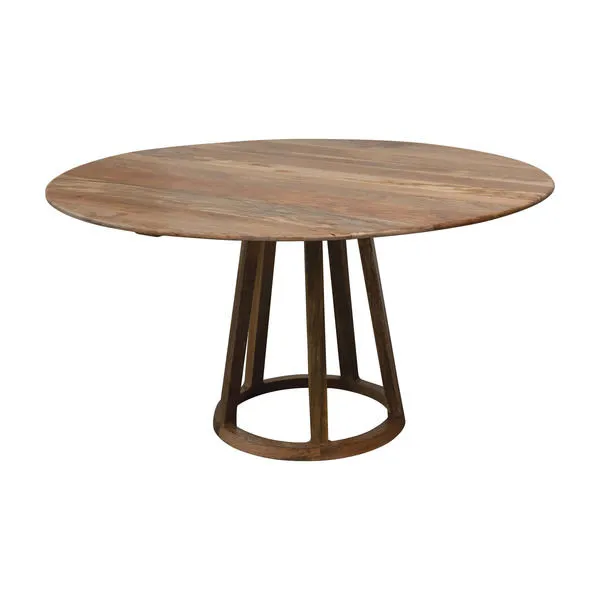 Round dining table made from sustainable mango wood with a circular top and open-base frame