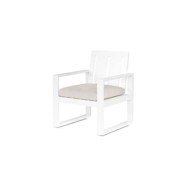 Newport Dining Chair in Satin White powder coated aluminum with wide slat back and beige cushioned seat