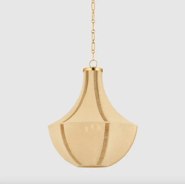 Cascade Lake pendant with dyed jute fabric in warm beige, soft lantern silhouette suspended by gold chain