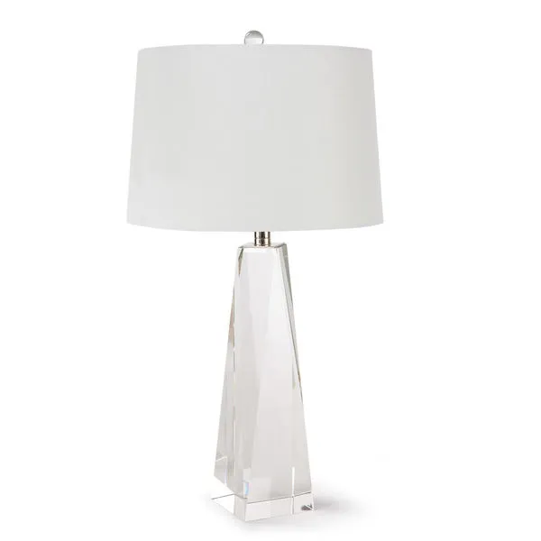 Small Angelica table lamp with a clear faceted crystal base, polished nickel hardware, and natural linen tapered shade