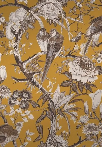 Perrow Wallpaper with mustard yellow background, detailed dark brown birds and white floral patterns