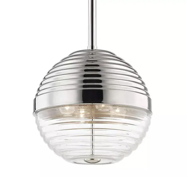 Large pendant light with tiered polished metal dome and thick clear ribbed glass diffuser
