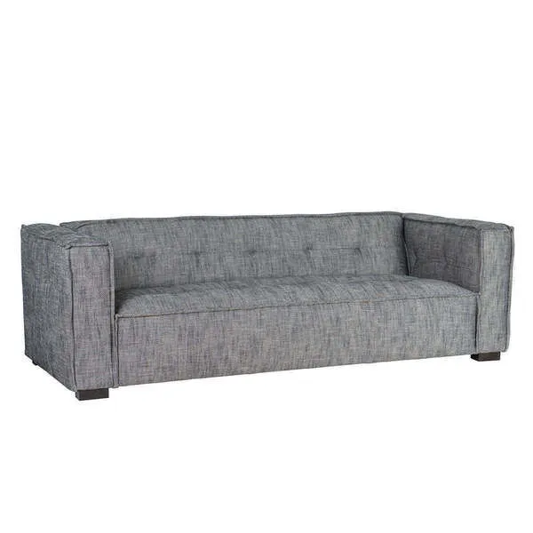 Eli sofa with grey textured fabric and button tufting seating up to four with wide armrests