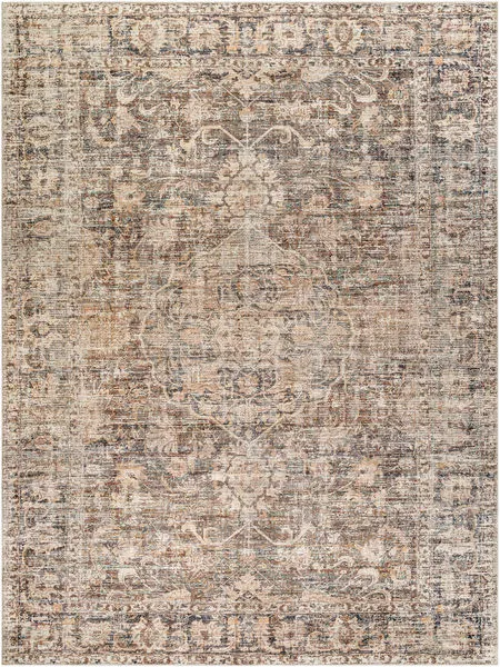 Traditional Marlene area rug with intricate dark brown and beige machine-woven pattern, medium pile