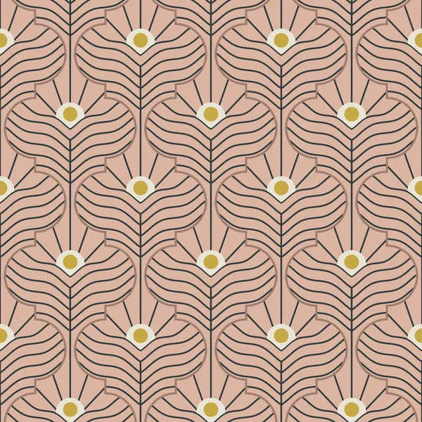 Peach blush wallpaper with stylized Moroccan peacock feather pattern in black and gold accents