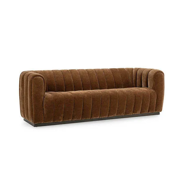 Vanty Upholstered Fabric Sofa in soft brown velvet with channel stitched cushions and rounded arms on a dark wood base